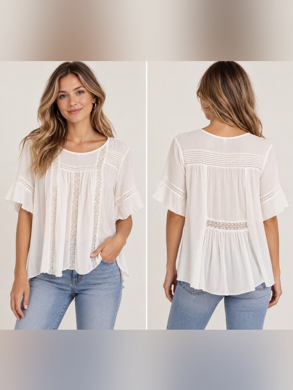 Lightweight White Lace-Trim Peasant Top